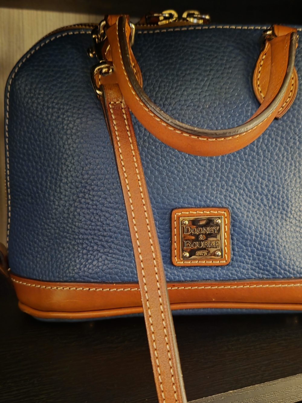 Dooney & Bourke Bitsy Bag- Blue and Tan Pebbled Leather Satchel